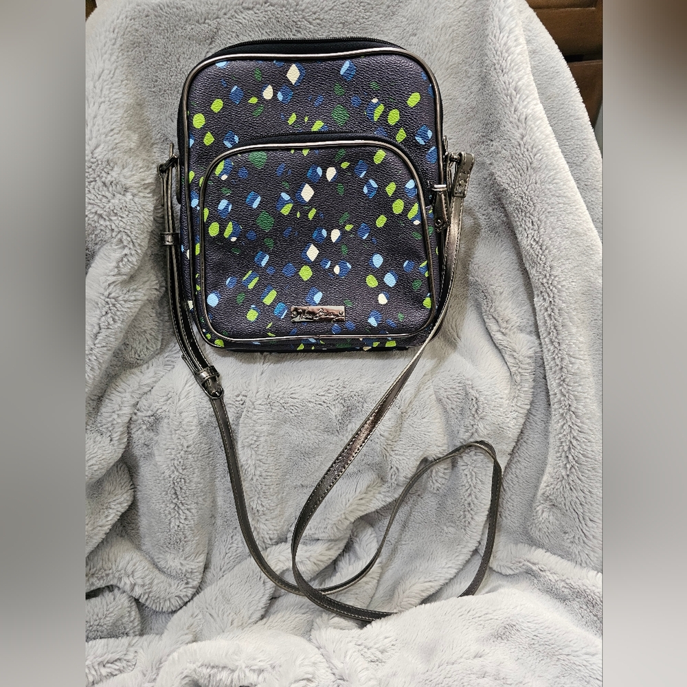 Vera Bradley Ink Spots Double Zip Purse Crossbody PVC Vinyl Navy Blue